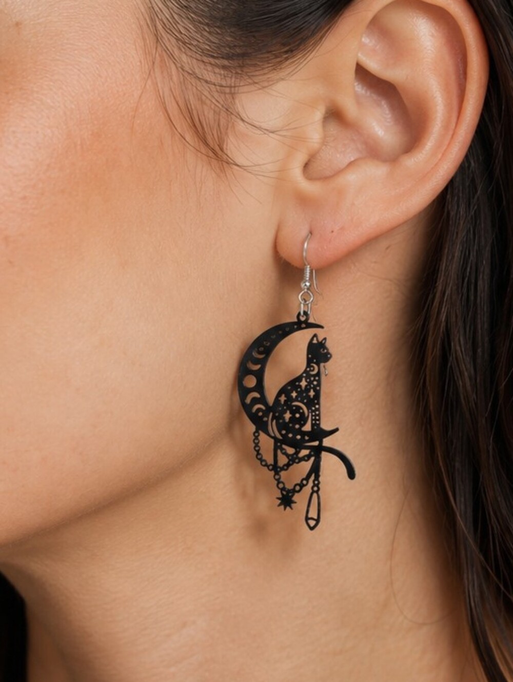Black Cat and Moon Laser Cut Earrings